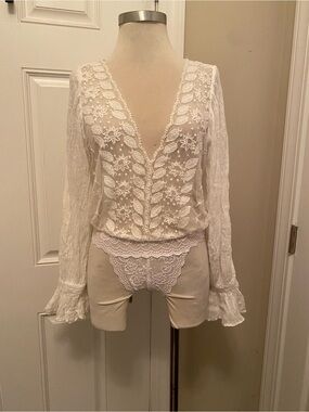 Free People White Floral Lace Top with Sheer Detail